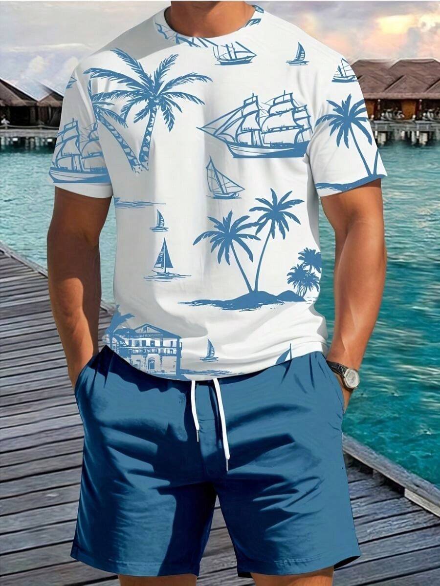 Camiseta de algodón sintético transpirable de verano para hombre Conjunto de dos piezas Camiseta de manga corta con estampado de palmeras y pantalones cortos con cordón de ajuste - Celeste - Ver 1