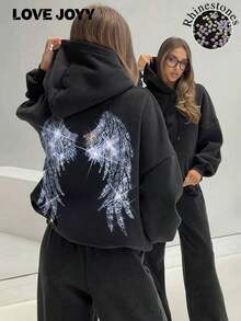 LOVE JOYY High Street Fashion Women Loose Long Sleeve Pullover Hoodie With Angel Wings Rhinestone Decor, Pocket, Blingbling Streetwear, Autumn/WinterY2Y-W- Gras - 黑色 2 - 查看 1