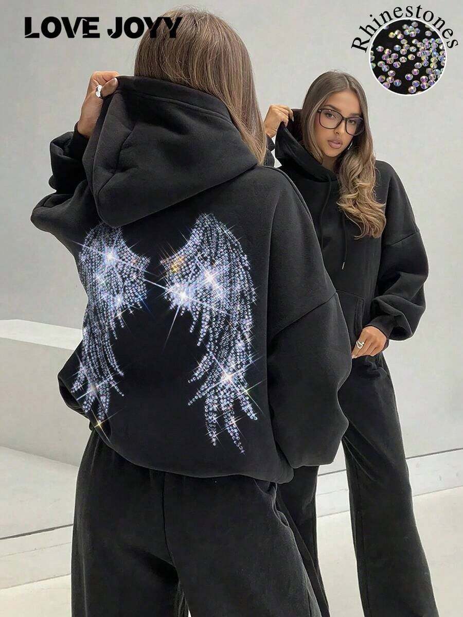 LOVE JOYY High Street Fashion Women Loose Long Sleeve Pullover Hoodie With Angel Wings Rhinestone Decor, Pocket, Blingbling Streetwear, Autumn/WinterY2Y-W- Gras - 黑色 2 - 查看 1