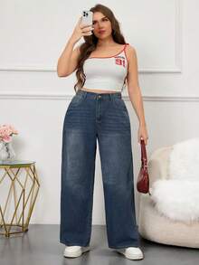 Blue Vintage Denim Pocket Plus-Size Wide-Leg Boyfriend Jeans Casual Outfit For Women High-Waisted Straight Long Pants For Summer