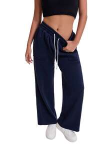 Women's Navy Blue Wide Leg Sweatpants, High Waisted Drawstring Sporty Joggers With Pockets, Comfy Loose Fit Athletic Pants For Workout & Street Style - Navy Blue - View 5
