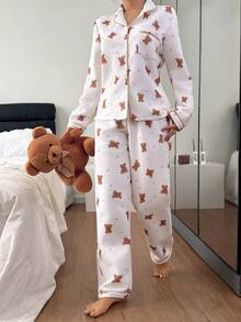 2 piezas Conjunto de pijama de invierno para mujer, top de manga larga grueso y pantalones con lindo diseño de oso, traje de ropa de dormir y de estar en casa - Albaricoque - Ver 5