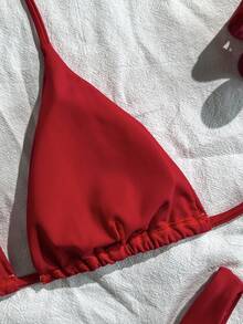 夏季红色水钻吊带比基尼两件套，贴身高弹面料，性感沙滩度假泳装 - 紅色 - 查看 11