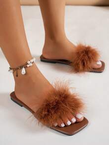 Women's Square Toe Flat Sandals, Fashion Party One-Strap Slippers, Black Sexy Slides To Pair With Dresses, Spring/Summer