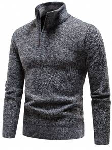 1pc Men's Solid Color Casual Comfortable Business Commute High Collar Half Zip Pullover Knit Sweater, Warm For Winter