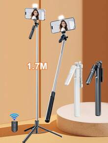 66.93英寸/170厘米三脚架自拍杆，带补光灯，可伸缩三脚架自拍杆，配备无线遥控器，适用于多种智能手机型号，是户外直播和视频自拍的理想之选，便携易用。 - 彩色 - 查看 2