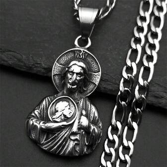 基督教圣像复古雕刻不锈钢吊坠，搭配链，男女皆宜的宗教风格首饰