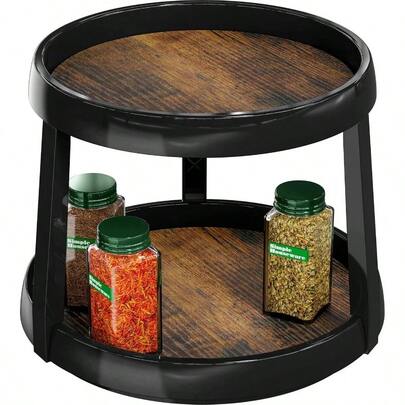 25cm 2 Tier Lazy Susan Turntable Spice Rack Organiser, Rustic Brown