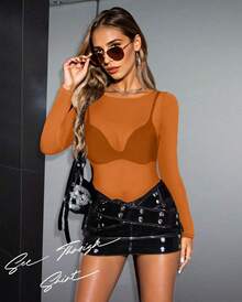 Women's Mesh Tops Sheer Long Sleeve Tee Shirts Bodycon See Through Blouse Clubwear - Màu xanh hải quân - Xem 8