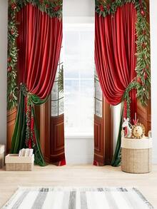 2 PIEZAS Cortinas con temática navideña de tela cepillada y estampado digital, con diseño en tonos rojos, estilo de bolsillo para barra, hechas de tela de poliéster semi-transparente - Ideal para salas de estar, cocinas, dormitorios, hoteles y restaurantes.