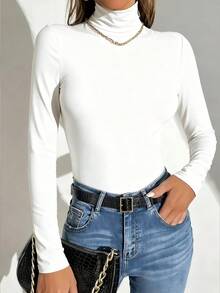 imisic 高领纯色女士连体裤，基础款打底衫+紧身弹力塑身衣，长袖套头T恤，日常穿着，度假必备 - 白色 - 查看 2