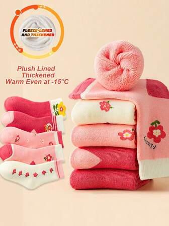 5 Pairs Cotton Thick Winter Kids Socks, Floral & Cartoon Warm Thermal Socks For Baby Girls
