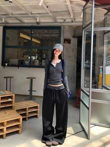 女士新款条纹长袖打底T恤，修身小众设计上衣 - 黑灰條紋 - 查看 4