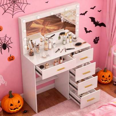 Wood Dressing Table LED Lighted Mirror Set White Makeup Vanity Desk W/ 5 Drawers -Touch Control Mirror, Ideal For Organizing Makeup, Skincare. Compact Vanity Furniture Fits Bedroom, Serves As Decor, Gift, Perfect Gift For Women