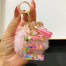 Alphabet Initial Letter Keychain Cute Plush Pom Key Chain Ring Bag Backpack Charm Car Hanging Pendant Women Girls Gift,Cute Sequins Resin Key Chain,Wallet And Handbag Accessories, Keychain With Tassels,Alphabet Initial Letter A-Y School - Multicolor - View 15
