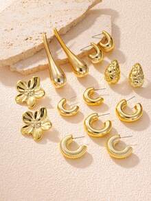 6-14pcs Fashionable Lightweight CCB Earrings Set, Including Teardrop, C-Shape, Flower Designs In Gold Tone, Suitable For Women's Date And Holiday Wear, Elegant Holiday Gift