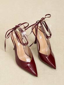 女士尖头漆皮系带高跟鞋，性感办公室鞋 - 酒紅色 - 查看 6