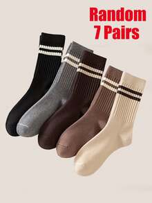 2/5 Pairs Women Slim Striped Mid-Calf Socks - Beige And Brown Striped Pattern, Suitable For Autumn/Winter, Machine Washable, Suitable For Casual And Formal Wear, Cute Socks, Casual Outfit, Fashionable Socks, Comfortable Style, Fashion Enthusiasts, Daily Socks, Fashionable Socks, Durable Material, Fashionable Women, Thick Socks, Fashion Buyers, Formal Wear, Fashionable Stripes, Outdoor Enthusiasts, Striped Pattern, Couple Socks