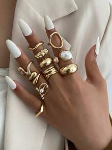 11件套奢华镂空几何仿珍珠镶嵌金属叠戴戒指，时尚优雅，适合婚礼、派对、度假、休闲场合，女士及情侣适用，节日、生日等场合皆宜，百搭珠宝礼品。 - 戒指 - 查看 1
