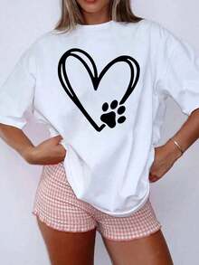 Talla Grande - Talla Grande - Camiseta de Mujer Talla Grande con Diseño de Corazón y Huellas de Patas - Diseño Lindo para Amantes de Mascotas con Recortes de Corazón y Huellas de Patas, Tejido Suave y Elástico, Ropa Casual para Todos los Tiempos y con Temática de Mascotas, Regalos para Amantes de Mascotas, Camiseta Gráfica Divertida, Ajuste Cómodo - Blanco - Ver 2