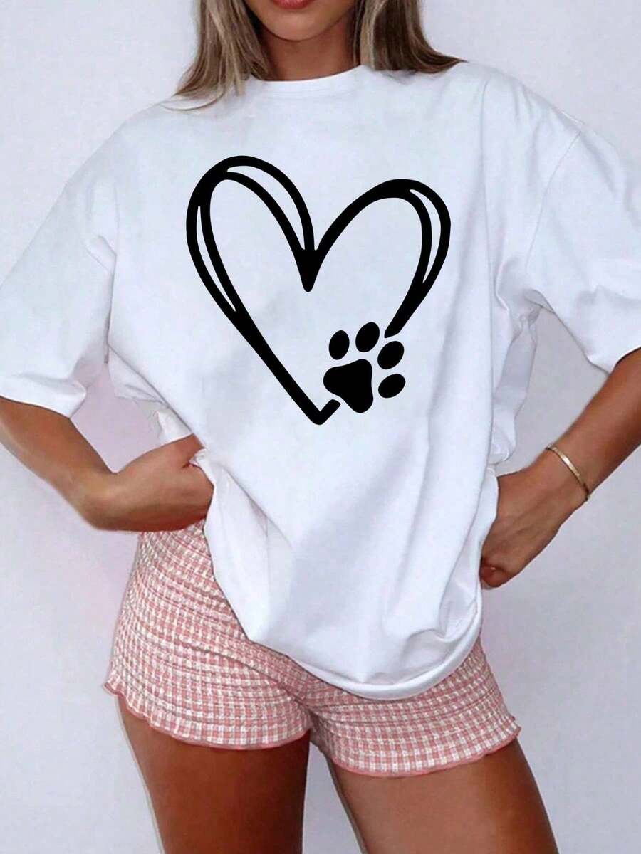 Talla Grande - Talla Grande - Camiseta de Mujer Talla Grande con Diseño de Corazón y Huellas de Patas - Diseño Lindo para Amantes de Mascotas con Recortes de Corazón y Huellas de Patas, Tejido Suave y Elástico, Ropa Casual para Todos los Tiempos y con Temática de Mascotas, Regalos para Amantes de Mascotas, Camiseta Gráfica Divertida, Ajuste Cómodo