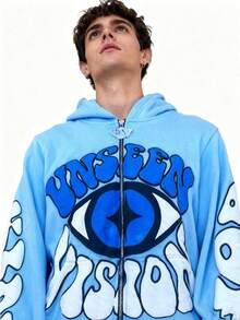 Women Sky Blue Y2K Hoodie Eyes Print Loose Hip Hop Street Harajuku Hoodies Letter Printing Vnseen Vision Halloween Hoodie Unisex - 藍色 - 查看 2