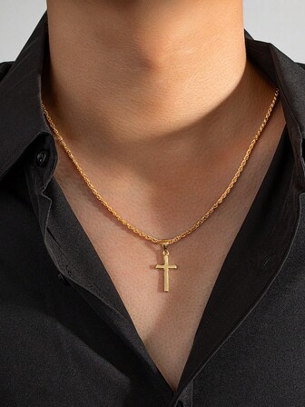 1 件男士简约十字架吊坠项链，金色，百搭休闲装，适合日常使用