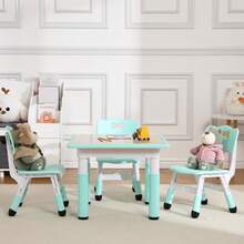 Juego de mesa y 4 sillas infantiles modernas, mesa infantil de 58 cm de altura ajustable y 4 sillas con patas antideslizantes, organizador de escritorio con diseño de grafiti, mesas multifunción para jardín de infancia o sala de estar (verde azulado). - Lago Azul - Ver 3