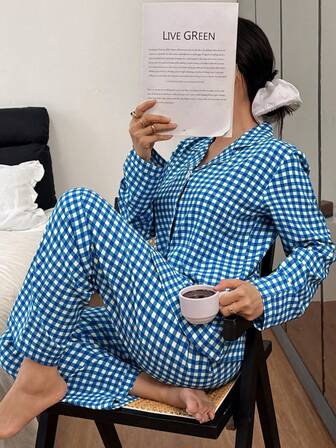 Conjunto de pijama con estampado de cuadros azul y blanco, top de manga larga con botones y cuello lindo y pantalones largos, conjunto de ropa de dormir y de estar en casa para mujer, otoño/invierno