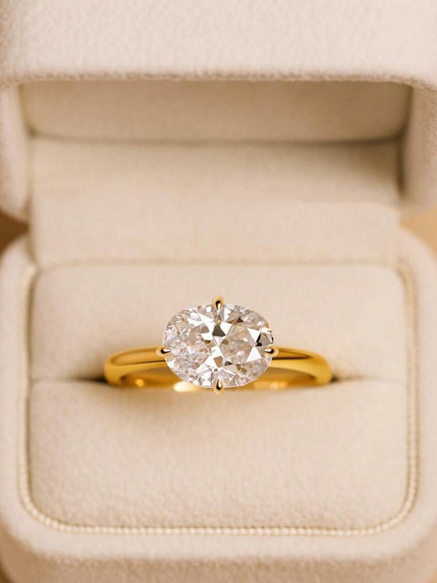 1pc 1ct-3ct Elegant And Exquisite Four-Prong Oval Zirconia Ring For Women 925 Sterling Silver Vintage Party Birthday Ring Fashionable Fine Jewelry Birthday Gift - 金色 - 查看 1