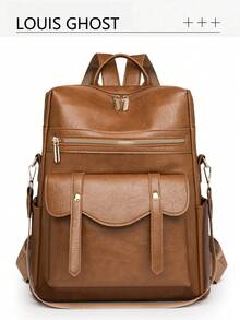 Elegant Retro College Style Backpack - Interpreting The Eternal Aesthetics Of Urban Commuting, Crafted With Premium PU Leather, Presenting A Delicate Matte Crinkle Texture, Soft Yet Durable And Wear-Resistant. Gold-Tone Zipper Pulls Accent The Main Compartment, Top Handle, Adjustable Wide Strap, Supports Hand-Held Or Backpack Carry, Multi-Compartment System - Multicolor - View 2