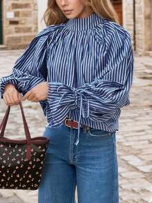 女士条纹抽绳套头衫，休闲立领灯笼袖宽松褶皱上衣，条纹梭织面料，春夏款 - 紫色 - 查看 4