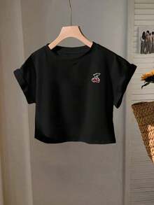 2026 SUMMER TopComfortcana Women's Casual Coffee Brown Round Neck Short Sleeve T-Shirt, SummerLoose And Comfortableshirt - 黑色2 - 查看 3