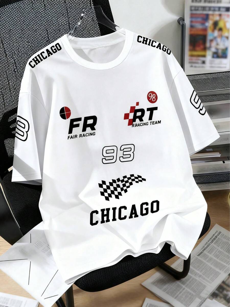 1 pieza Camiseta de manga corta y cuello redondo para niños con elemento de coche de carreras, número 93 y letra CHICAGO, para primavera/verano - Blanco - Ver 1