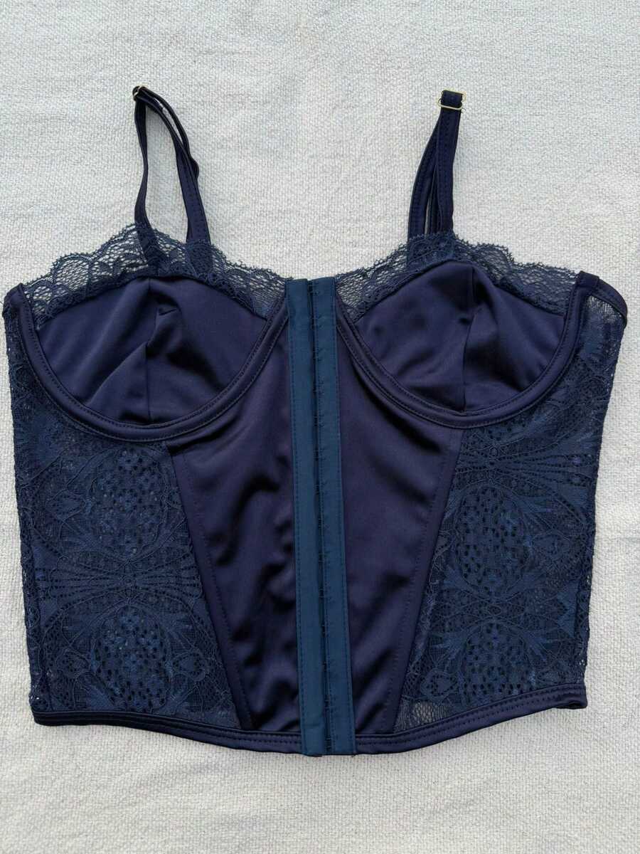 Cropped Corset With Front Opening And Closure, Simple Lace Corset For Evening Wear. - 藏蓝色 - 查看 1