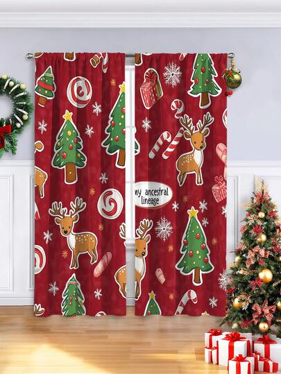 2PCS Christmas-Themed Digital-Printed Brushed Curtains – Cartoon Christmas Trees & Reindeer Design, Rod Pocket Design, Semi-Transparent Polyester Material, Suitable For Living Rooms And Bedrooms, Filling Your Home With A Christmas Vibe