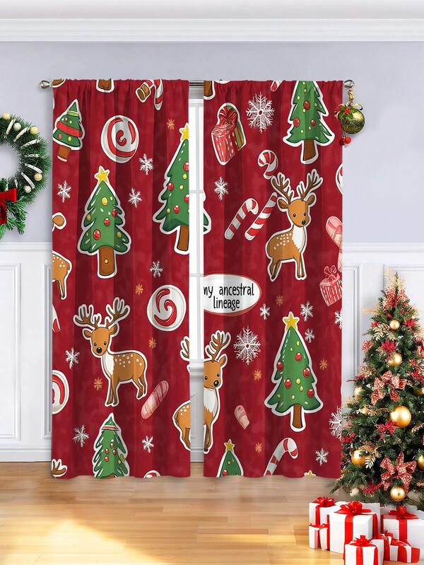 2PCS Christmas-Themed Digital-Printed Brushed Curtains – Cartoon Christmas Trees & Reindeer Design, Rod Pocket Design, Semi-Transparent Polyester Material, Suitable For Living Rooms And Bedrooms, Filling Your Home With A Christmas Vibe