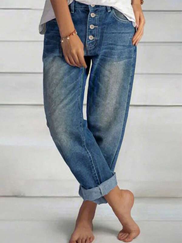 Damen Gewaschen Denim Jeans, modischer Straight Cut Jeans im Streetstyle mit einer Reihe mehrerer Knöpfe, locker, Lässig, retro, blau, Alltagsmode