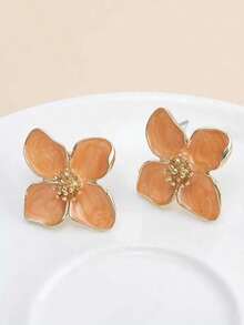 1pair Colorful Oil Drip Four-Petal Flower Shaped Dopamine Stud Earrings Women, Simple & Sweet Daily Accessory, Vacation Valentines,Mom,Mother,Mother's Day, - 橘色 - 查看 2