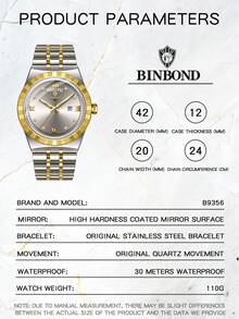 BINBOND 新款男士奢华腕表，时尚不锈钢材质，石英表，防水夜光，休闲男士腕表 - 灰色 - 查看 8