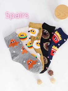 1 Pair/5 Pairs Women's Fashion Comfortable Fries, Burger, Donut, Cheese Cartoon Cute Mid-Calf Socks - Multicolor - View 10