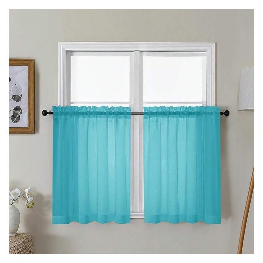Turquoise Sheer Curtains 30 Inch Length, Short Light Filtering Voile Small Cafe Kitchen Curtains With Rod Pocket, Short Curtain For Bathroom Window, 42x30 Inch, 2PCS - Multicolor 120 - View 1