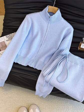 Women's Elegant Zip-Up Cardigan And Wide Leg Flare Pants Knit 2 Pieces Set, Casual And Fashionable For Autumn/Winter