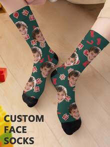 1 par de meias infantis de cano médio com estampa natalina personalizada, meias unissex para meninos e meninas, personalizadas com fotos, meias divertidas para casais, confortáveis e respiráveis, design criativo de desenho animado, presentes perfeitos para feriados, aniversários e Dia dos Namorados, meias divertidas, malucas, de anime, multicoloridas. - Multicolorido - Ver 2