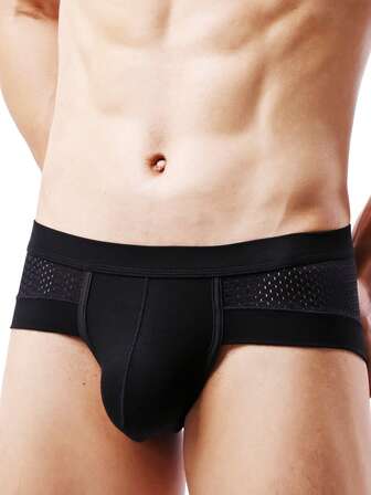Men's Mesh Splice Briefs With U-Convex Pouch, Sexy Breathable Transparent Underwear