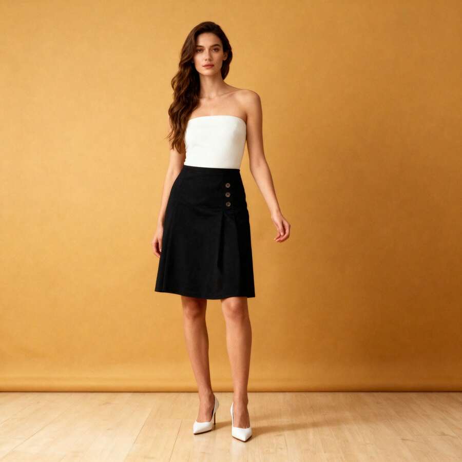 Women's Monochrome Formal Skirt, Elegant Tailoring With Decorative Buttons - màu đen - Xem 1