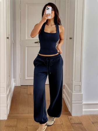 Conjunto de ropa informal de 2 piezas para mujer: chaleco sin mangas sexy y pantalones anchos con hebilla, para otoño/invierno