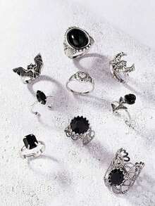 9pcs Vintage Silver Gothic Black Rose Bat Heart Vampire Stackable Ring Set (For Women) - Black - View 2