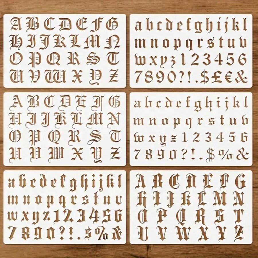 6pcs Gothic Style English Alphabet Stencils - Uppercase & Lowercase Letters, Numbers, Symbols - Durable PET Plastic Templates For Calligraphy, Scrapbooking, Journaling, Crafts - Reusable & Easy To Clean, Scrapbooking Supplies, Calligraphy Tools, Decorative Stencils, Easy Clean Stencils - White - View 1