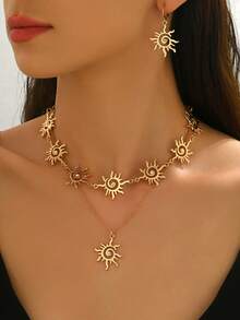 3pcs Fashion Elegant Sun Rhinestone Multi-Layer Chain Necklace Geometric Pendant Necklace + Women Earrings Jewelry Set, Suitable For Daily, Vacation, Casual, Date, Evening Party, Gift, Bride, Bridesmaid, Wedding
